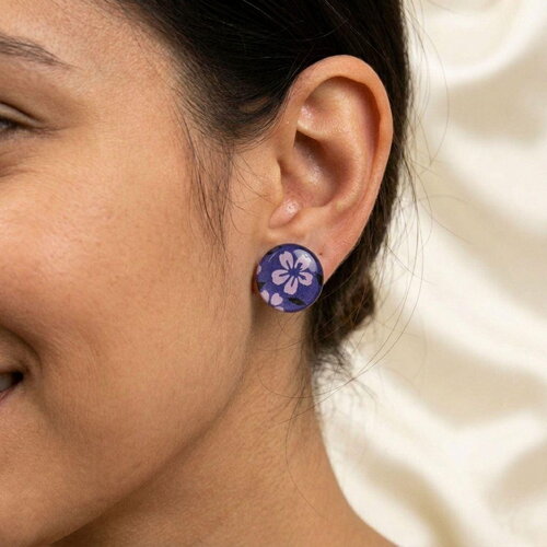 New boucles d'oreilles puces "sakura nocturne" en papier japonais &amp;  cabochon de verre