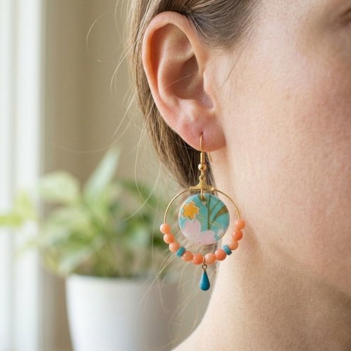 Boucles d’oreilles avec des médaillons de nacre et papier japonais résiné