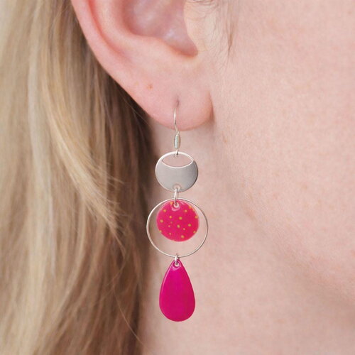 Boucles d’oreilles en acier &amp; papier japonais rose à pois