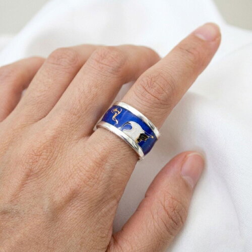 New bague jonc réglable en washi japonais bleu et grues blanches, anneau large 1,1 cm en laiton plaqué argent