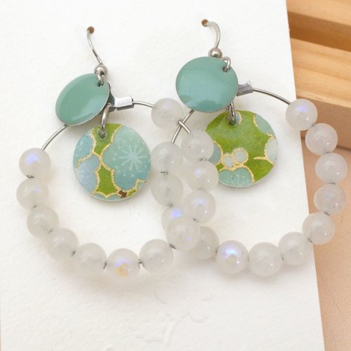 Boucles d’oreilles avec des médaillons de nacre et papier japonais résiné avec des fleurs vertes bleues