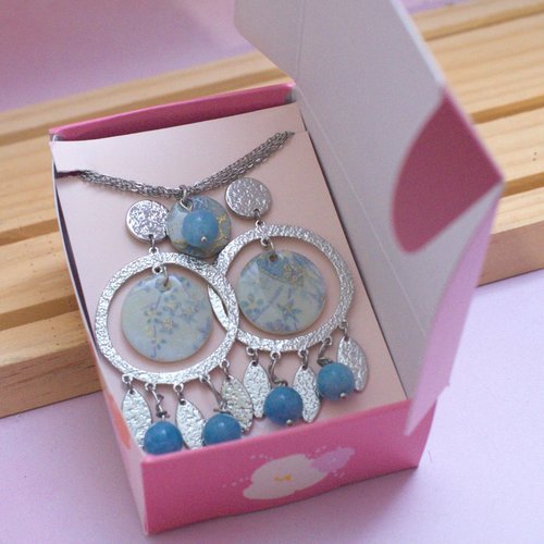Parure boucles d’oreilles avec des créoles argentées et papier washi avec son bracelet