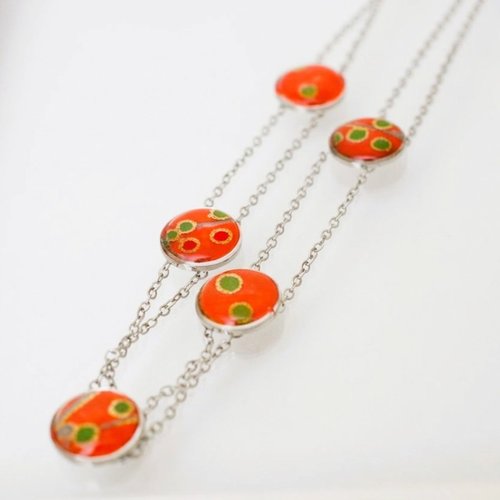Collier  avec du papier washi orange résiné et son collier ras le cou assorti