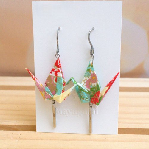 Boucles d'oreilles grue origami multicolore, bijoux papier japonais, cadeau fait main femme