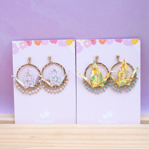 Boucles d'oreilles grues origamis , bijoux papier japonais, cadeau fait main femme