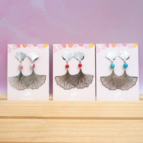 Boucles d'oreilles clips ginkgo en acier inoxydable | bijou japonais pour oreilles non percées avec une perle | cadeau femme fait main