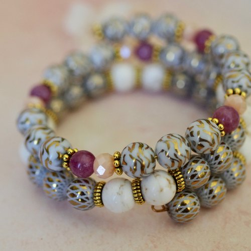 Bracelet 3 tours de perles de lépidolites et de perles de verres, bijou fait main