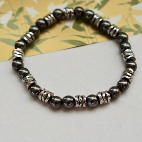 Bracelet confiance en soi, perle plate et ronde d'hématite, perles 6