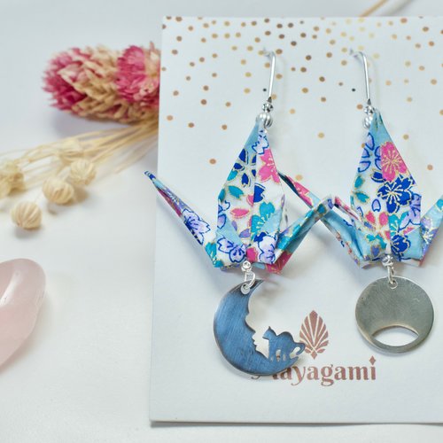 Boucles d'oreilles origami grues papier japonais washi aux nuances bleus et rose