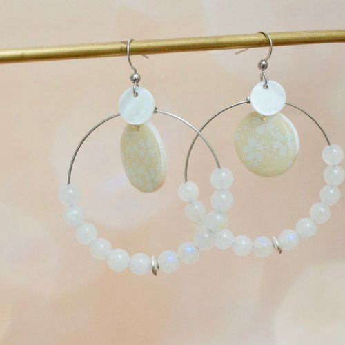 Boucles d'oreilles créoles avec de jolies perles naturelles nacrées et petit médaillon de nacre et papier washi résiné