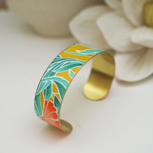 Bracelet jonc en laiton et papier washi jaune orange fleuri