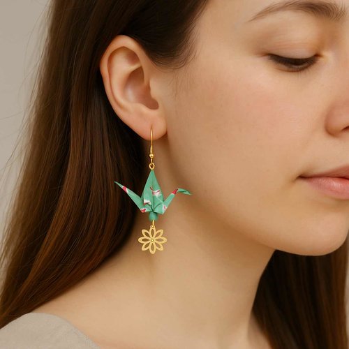 Boucles d’oreilles grue origami – vert et rouge