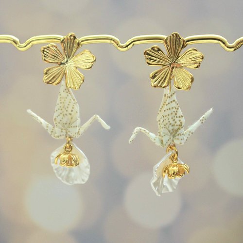 Boucles d'oreilles origami grue & fleur dorée