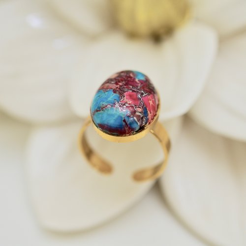Bague cabochon jaspe impérial bleu et rouge – bijou en acier inoxydable – anneau réglable fait main – style bohème chic