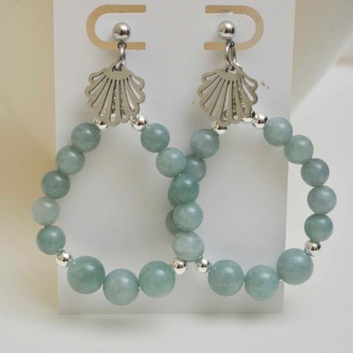 Créoles élégantes en aigue-marine naturelle | boucles d’oreilles faites main avec perles et coquillage argenté