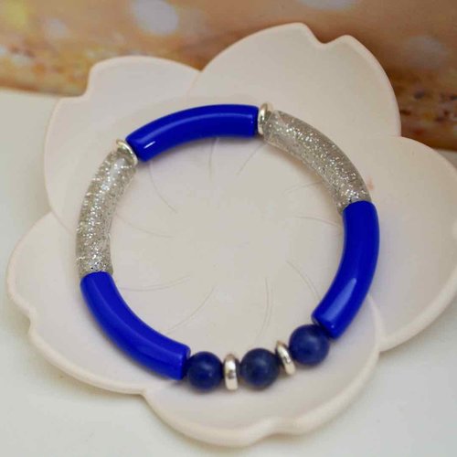 Pepites boutiques - bracelet tendance composé de perles tubulaires bleu roi, bleu ciel et dorées