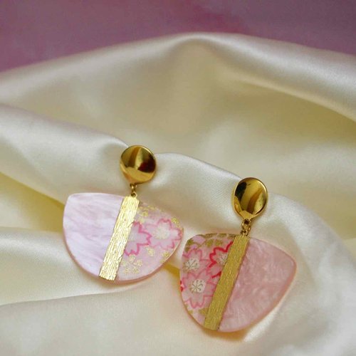 Boucles d’oreilles pendantes en acétate rose et papier washi fleuri japonais – bijoux en acier inoxydable doré