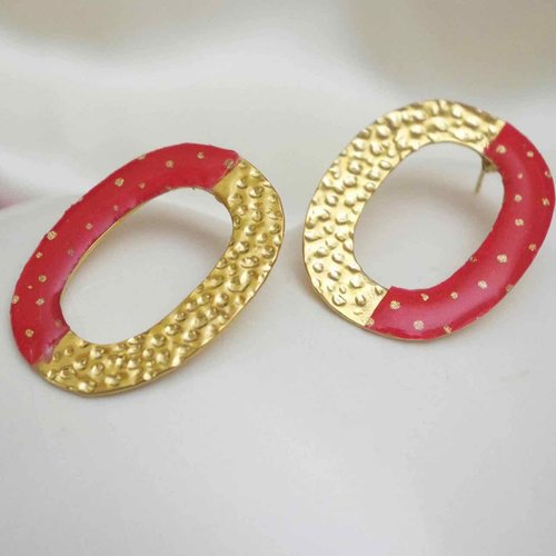 Boucles d'oreilles anneaux martelées en acier doré bicolores avec du papier japonais rose rouge et pois dorés