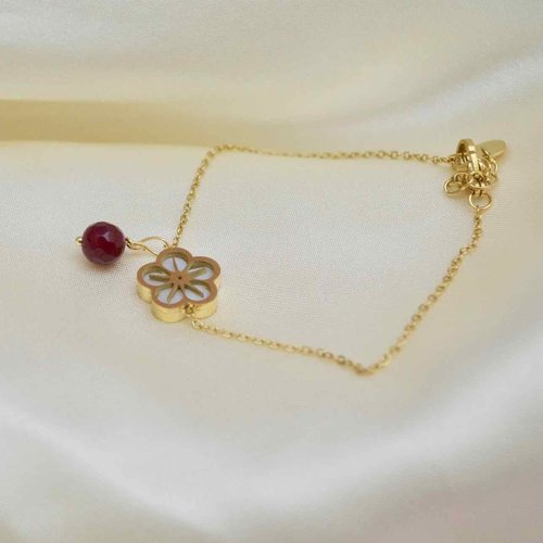 Bracelet fin en acier inoxydable doré, fleur de cerisier et perle naturelle