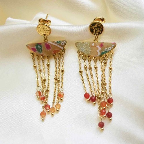 Boucles d’oreilles japonaises pendantes en acier doré, papier washi et cornaline