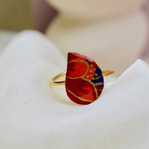 Bague goutte en acier réglable avec du papier japonais résiné rouge bleu noir