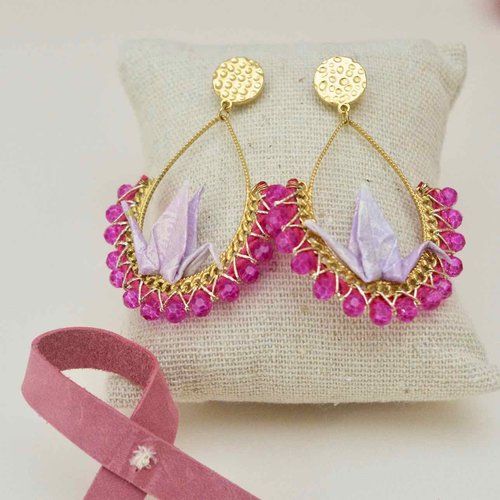 Boucles d'oreilles grue en origami japonais et acier inoxydable doré, papier washi violet pastel, perles fuchsia - bijou unique fait main