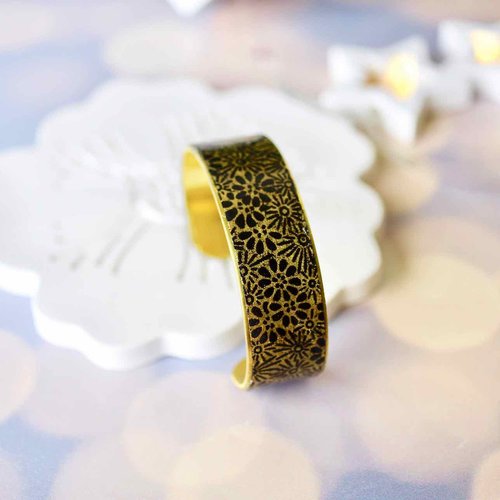 Bracelet manchette réglable en papier japonais noir et or fleuri