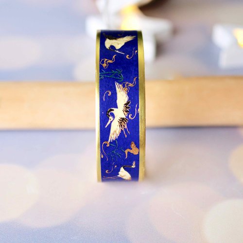 Bracelet jonc manchette, en laiton, papier japonais grue , bleu nuit et or, bracelet réglable