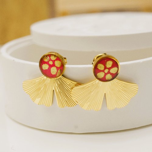 Boucles d’oreilles en acier inoxydable doré avec des ginkgos et papier japonais rouge rose et or , bijoux légers faits main