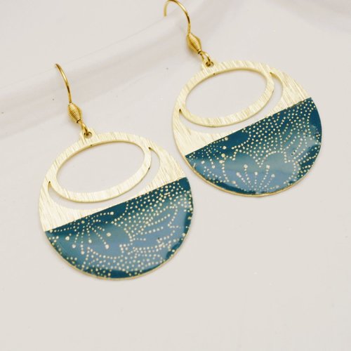 Boucles d’oreilles en acier avec des médaillon émaillé vert et or