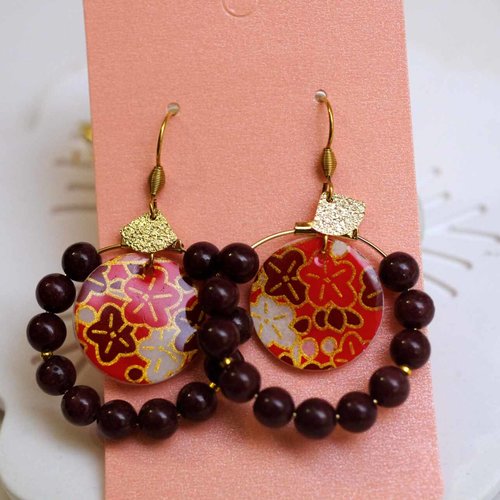 Boucles d’oreilles en acier avec des médaillons de nacre recouvert de papier japonais et des perles naturelles