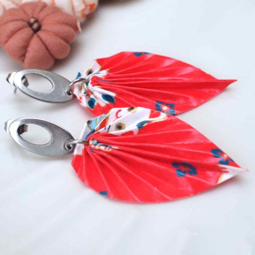 Boucles d’oreilles feuilles en papier washi japonais rose & rouge
