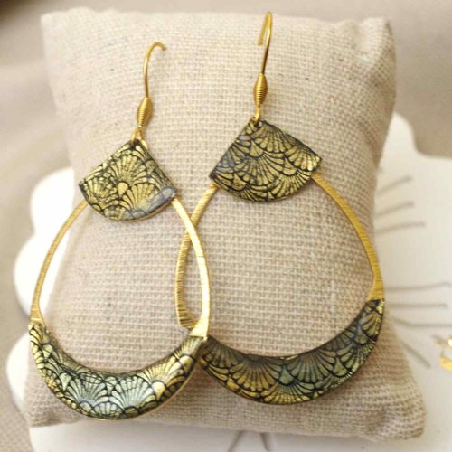 Boucles d'oreilles fantaisies avec médaillons acier doré et papier washi noir et or