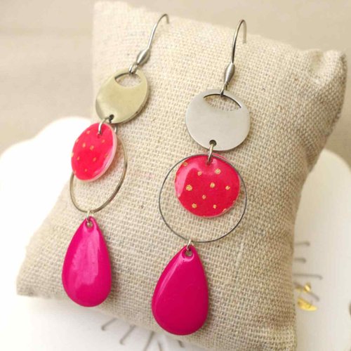 Boucles d’oreilles en acier & papier japonais rose à pois