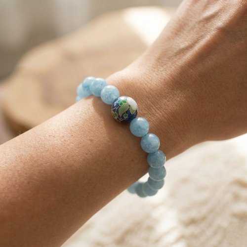 New bracelet en aigue-marine naturelle et perle japonaise fleurie, bijou lithothérapie bleu ciel, bracelet élastique 17cm perles 8mm