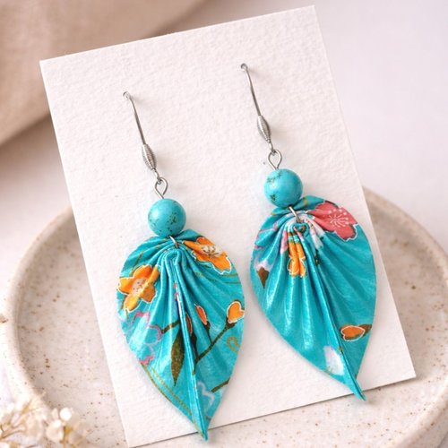 Boucles d’oreilles feuilles en papier japonais turquoise & acier inoxydable