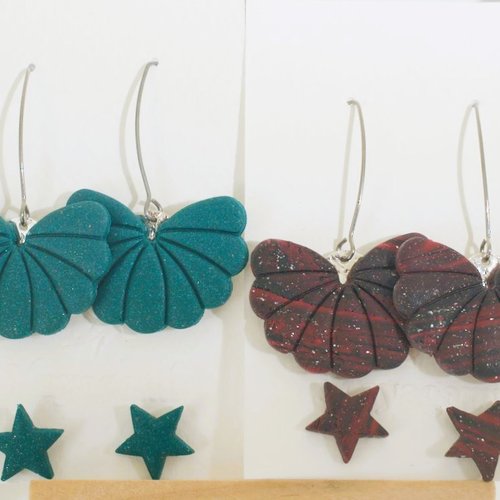 Packs découvertes avec des boucles d’oreilles polymères éventails et des petites étoiles rouge noir ou bleu vert intense