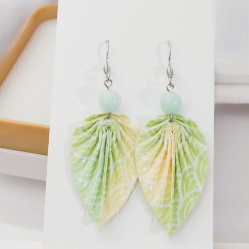 Boucles d’oreilles feuilles origami avec du papier washi japonais vert et jaune