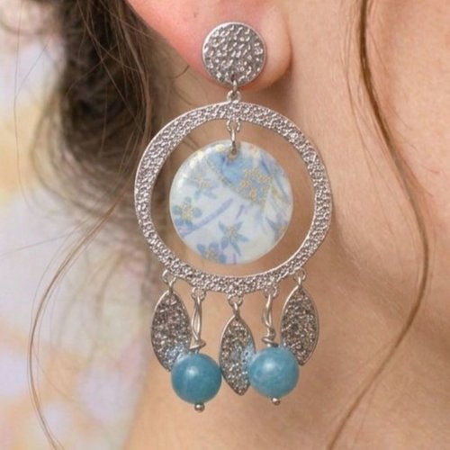 Boucles d’oreilles avec des créoles argentées et papier washi