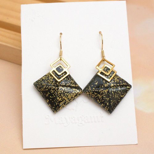 Boucles d’oreilles origami carré noir & éclats d’or