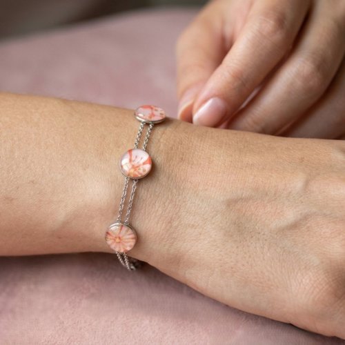 Bracelet double chaîne acier inoxydable et 3 médaillons papier japonais rose doré, bijou résine avec du papier japonais, cadeau femme