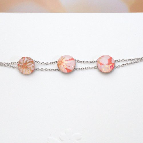 Bracelet double chaîne acier inoxydable et 3 médaillons papier japonais rose doré, bijou résine avec du papier japonais, cadeau femme