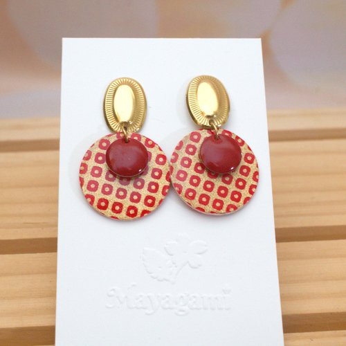 Boucles d'oreilles pendantes rondes rouges et dorées, papier washi vitrifié, style rétro chic et poétique