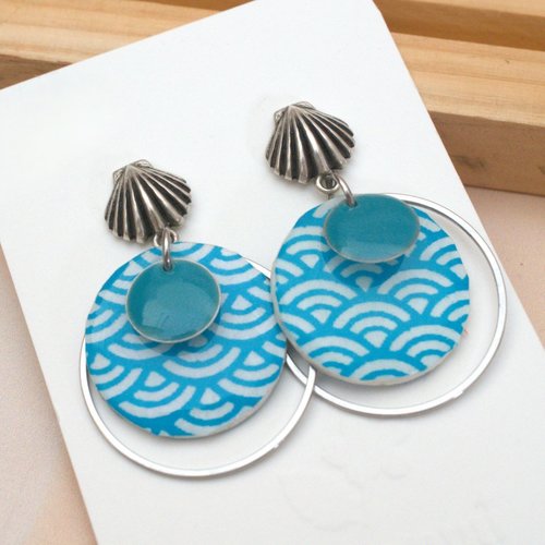 Boucles d'oreilles vagues japonaises en papier résiné, puces coquillage en acier inoxydable, bijoux marins bleu et blanc, cadeau femme