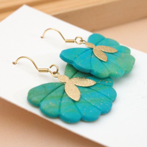 Boucles d’oreilles éventail sensu en polymère vert turquoise