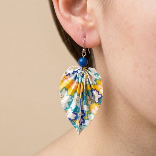 Boucles d'oreilles feuilles origami au couleur jaune bleu