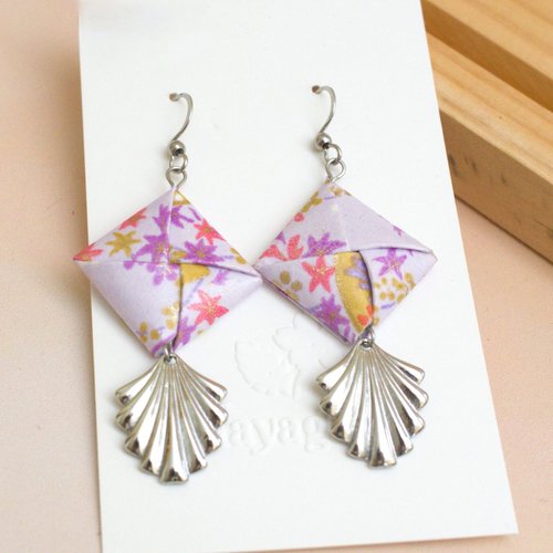 Boucles d'oreilles origami carré mauves et pendentifs éventails argentés