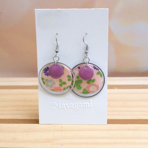 Boucles d’oreilles japonaises tons violet rose, bijou fait main coloré avec son papier japonais
