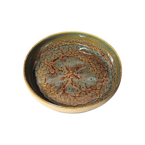Assiette creuse en céramique fait main – lagon envoûtant : émail réactif bleu canard & bronze