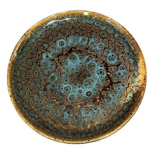 Assiette plate grès émaillé fait main portugal - 27cm bleu-vert & or | effet craquelé | vaisselle artisanale unique